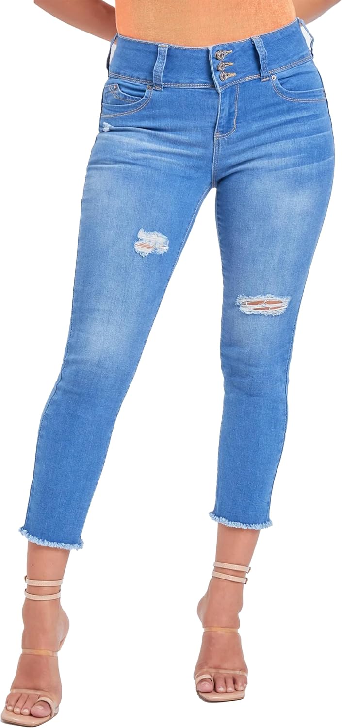 YMI Womens Jeans Women's Wannabettabutt 3-Button Fray Hem Flood
