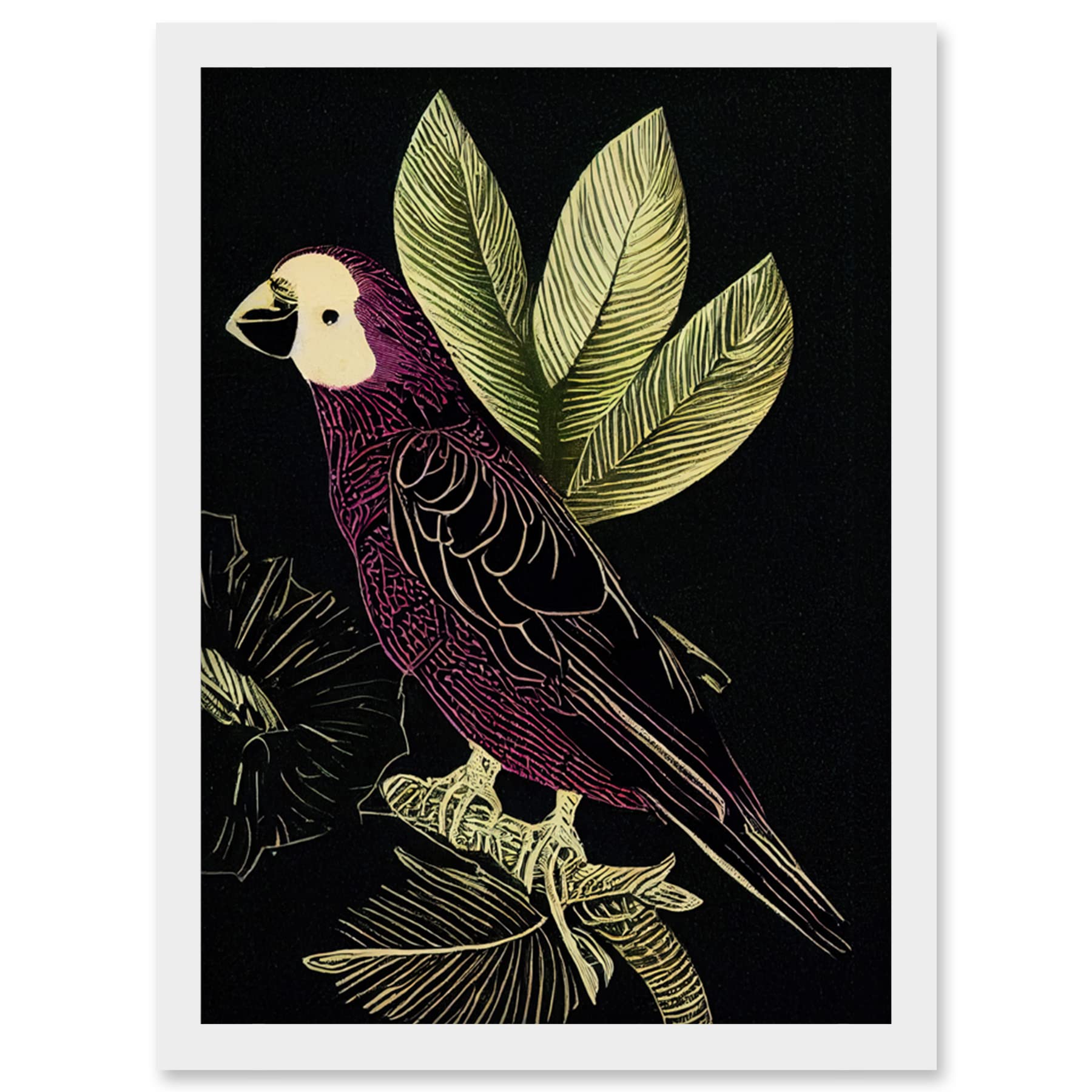 Wee Blue Coo Burgundy Parrot Leaves Tree Branch on Black Vintage Linocut Illustration Artwork Framed Wall Art Print A4