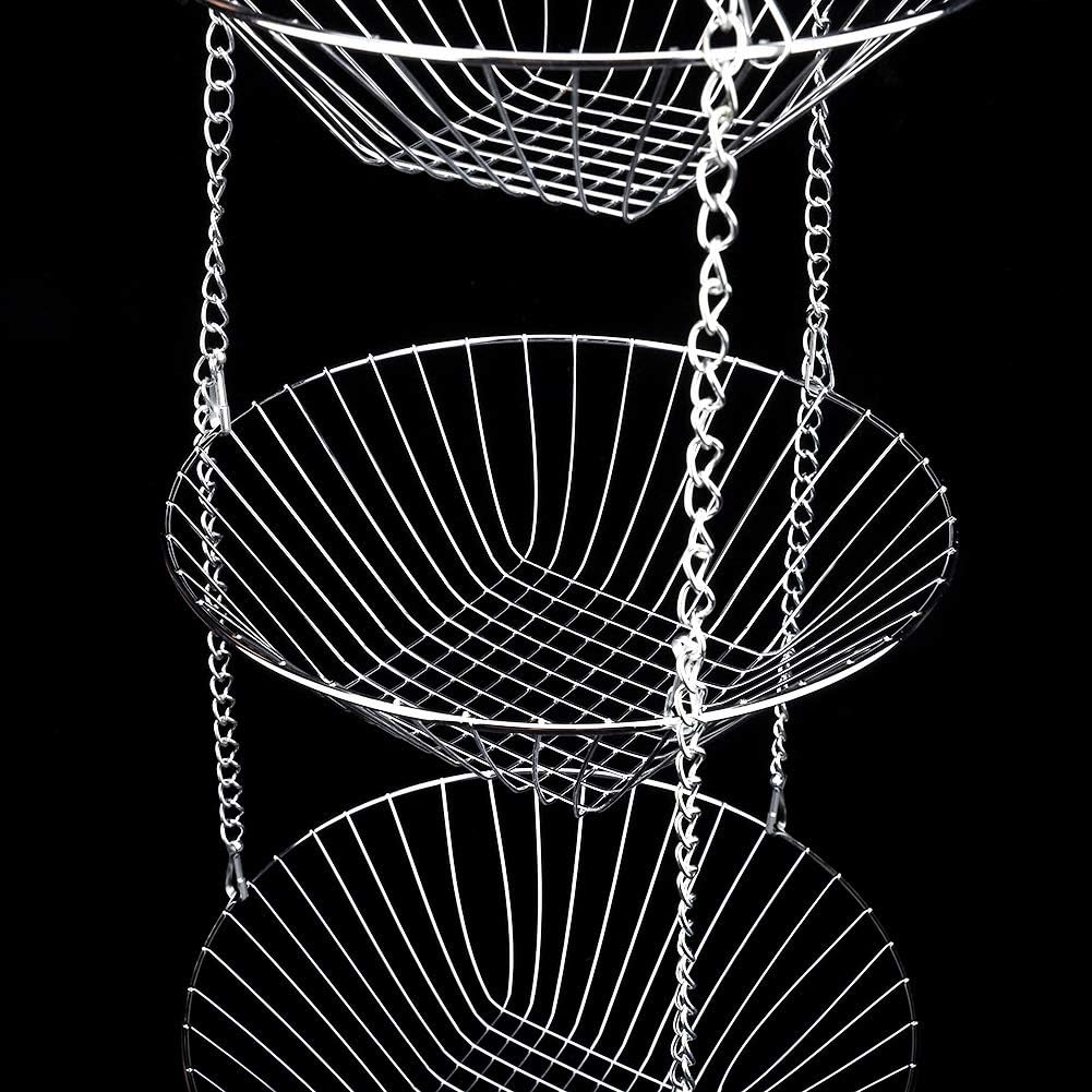 Stainless Steel Hanging Fruit Basket - Three-Tier Metal Chain Storage Holder for Kitchen and Snacks