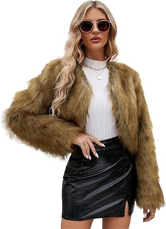 Women`s Luxury Fluffy Faux Fur Short Coat Winter Warm Cropped Jacket Cardigan