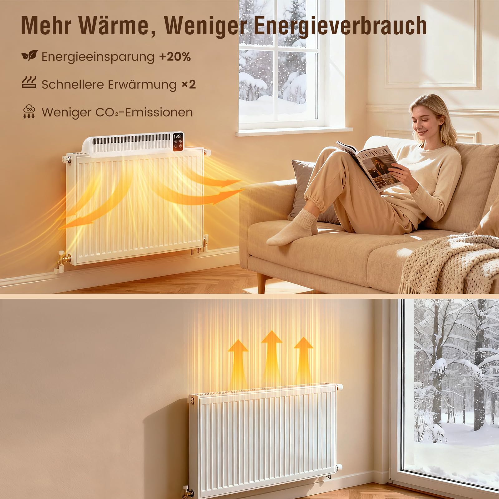 Heizkörper Ventilator mit 3 Lüftern, SURAIELEC Heizungsventilator mit Magnetischer Befestigung, 3 Geschwindigkeiten & Auto-Modus, 5200mAh Akku, USB-C, Temperaturanzeige, Weiß, CE Zertifiziert