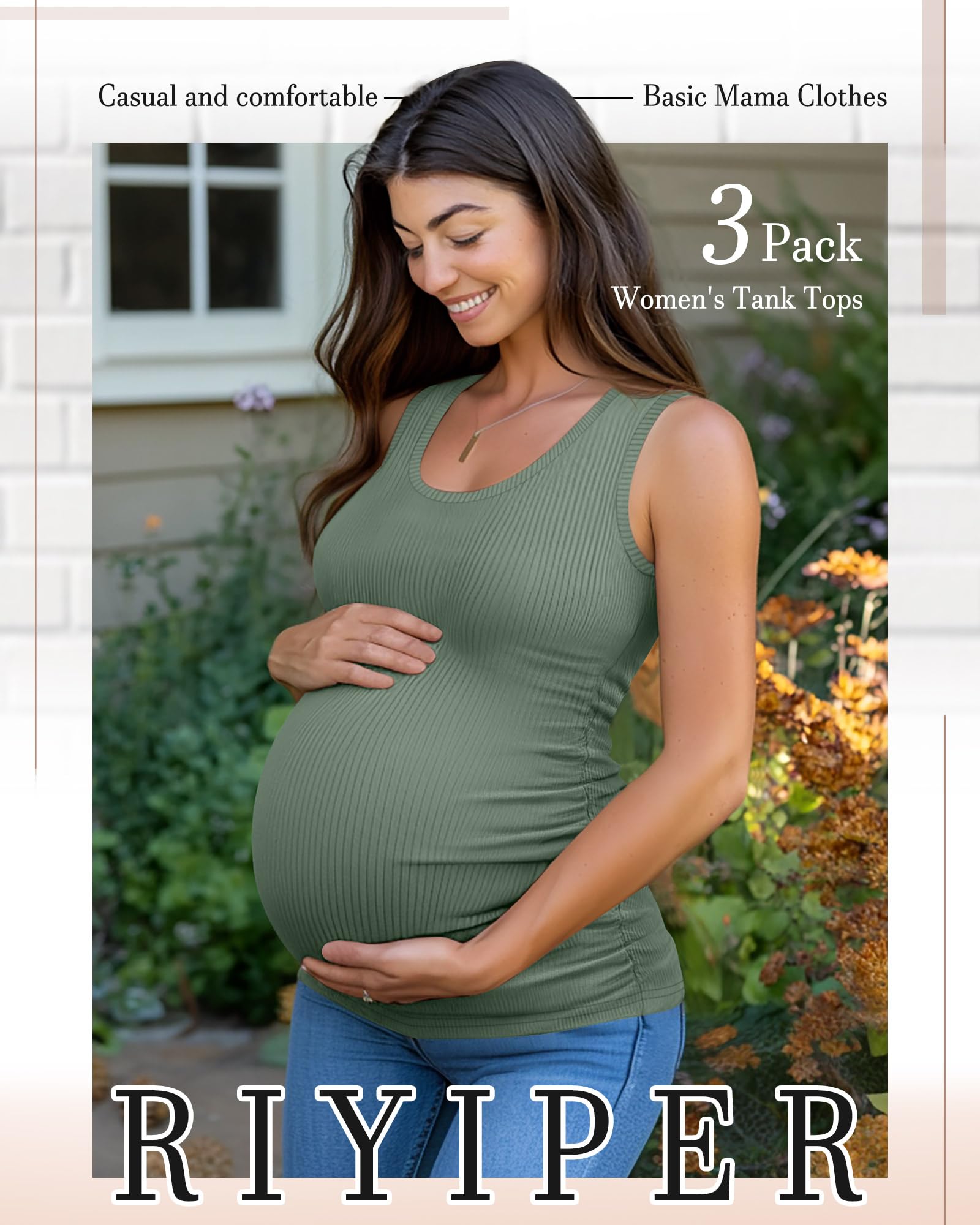 Riyiper 3er-Pack Damen-Schwangerschafts-Tanktops, Ärmellos, aus Baumwolle, mit Gerippten Seiteneinsätzen und Raffungen
