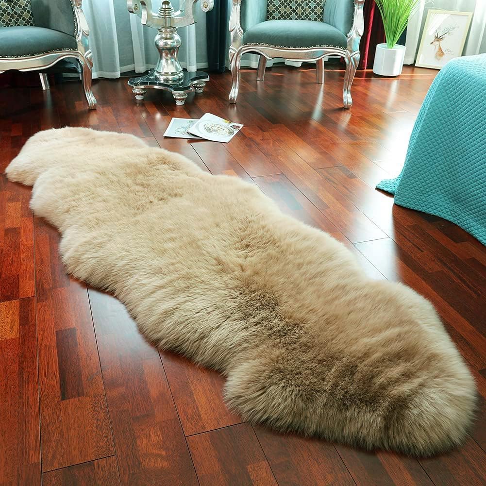 LLB Genuine Sheepskin Area Rug Wool Rug Fur Carpet Fluffy Shaggy Fur Rug for Living Room Kids Bedroom Real Sheepskin Throw Lambskin Rugs Sofa Mat Chair Seat Covers (Tan, 2 x 6 ft Sheepskin)