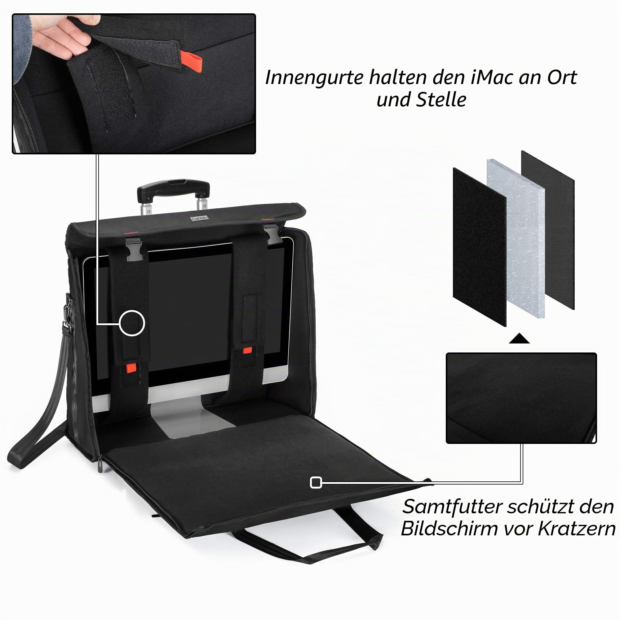 CURMIO Tragetasche kompatibel mit Apple iMac 27" mit Abnehmbarem Trolley, 27 Zoll Desktop Computer Reisetasche, iMac Trolley Tasche mit Rädern für Transport und Aufbewahrung.(Leere Tasche), Schwarz | Dick Gepolstert, Zubehörtasche, Abnehmbarer Schultergur