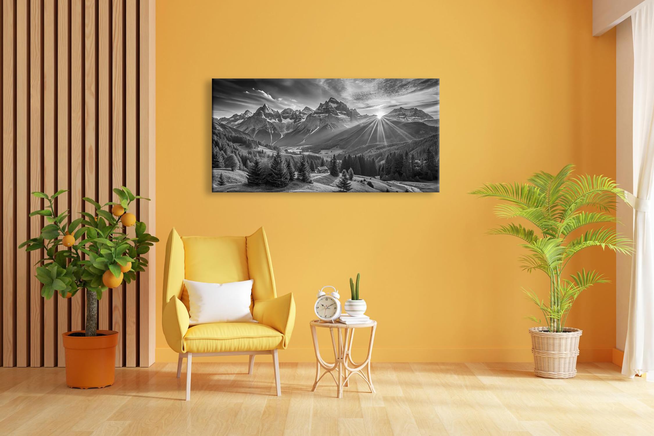 Leinwandbild Sonnenaufgang küsst die majestätischen Alpen Panorama 120x60cm Effekt: Schwarz&Weiß XXL Wandbild auf Keilrahmen/Kunstdruck/Bild Wohnzimmer Dekoration