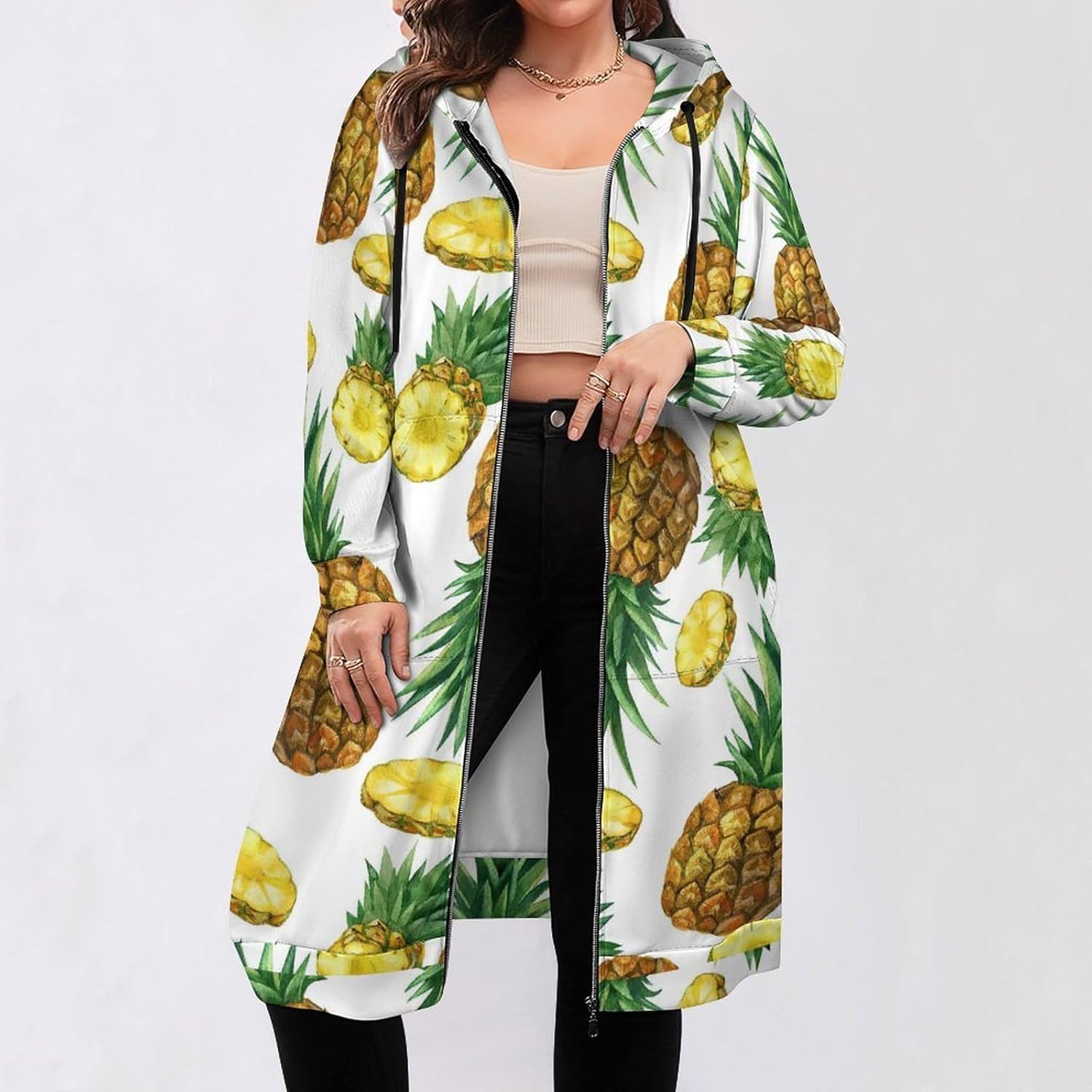6カラー】パーカー ジップアップ オーバーサイズ トップス 長袖 ビッグシルエット 体型カバ... ハワイ 熱帯 パイナップル トップス パーカー レディース アウター ビック シルエット オーバー サイズ ロング ワンピース 長袖