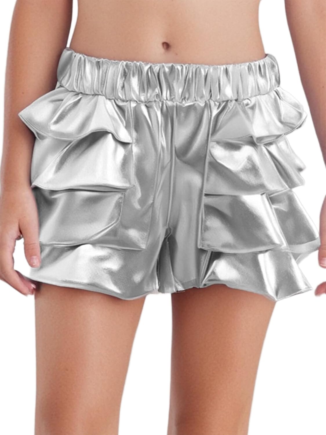 FEESHOW Girls Metallic Tiered Ruffle Ballet Dance Shorts Shiny Elastic Waist Hot Pants Sparkly Disco Party Rave Bottoms