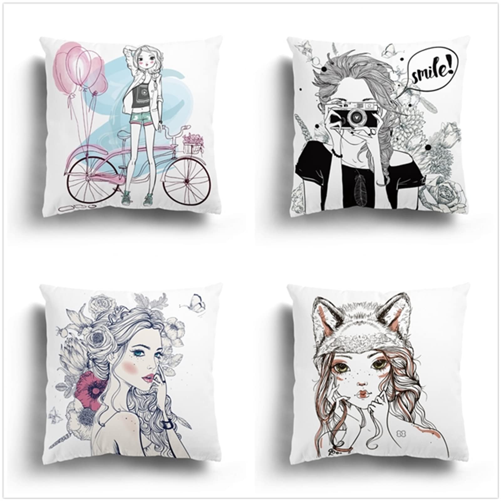 Set di 4 Federe Cuscini Divano Poliestere Biancheria Peluche Corto Gettare Impermeabili Decorativo Caso Federa per Cuscino Divano Auto Esterno Giardino Home Decor （65x65cm/Signora Delicata）