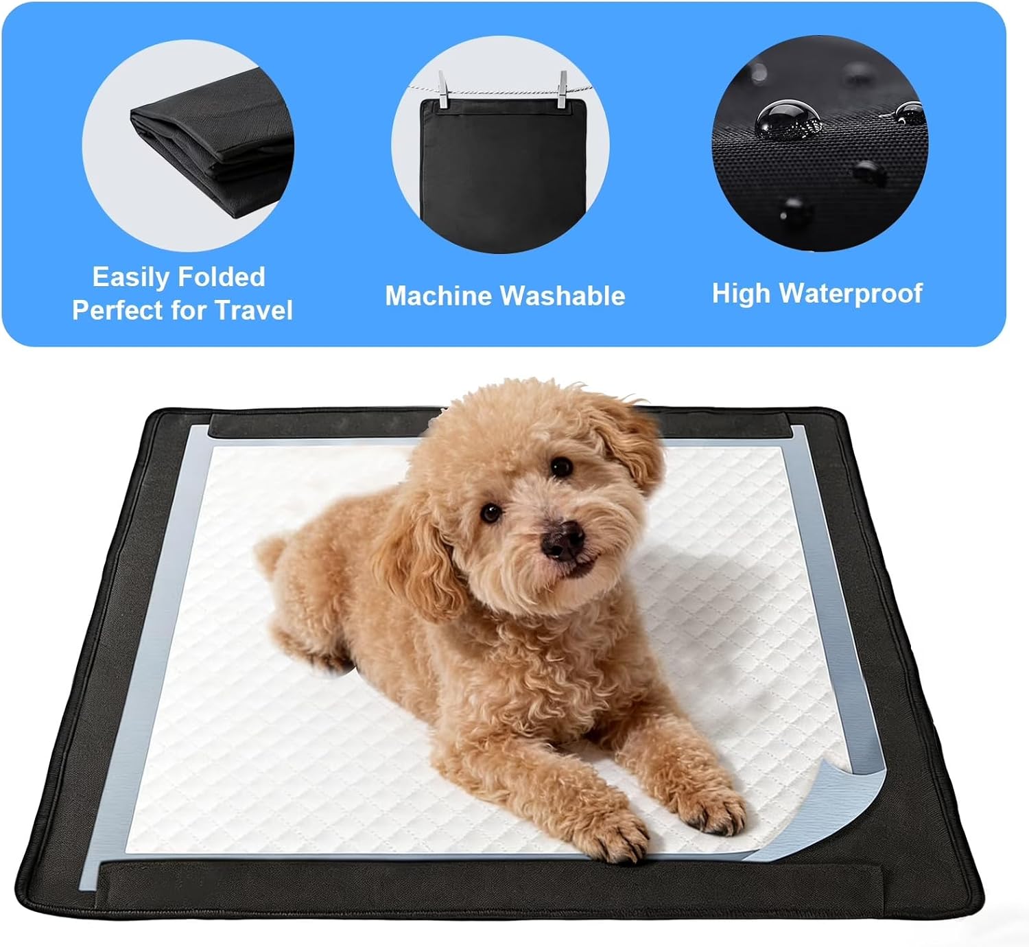 Foldable Dog Pee Pad Holder, 27"x26" Non-Slip Leak-Proof Potty Tray with 6 Magnets, Black Oxford Fabric Puppy Training Mat