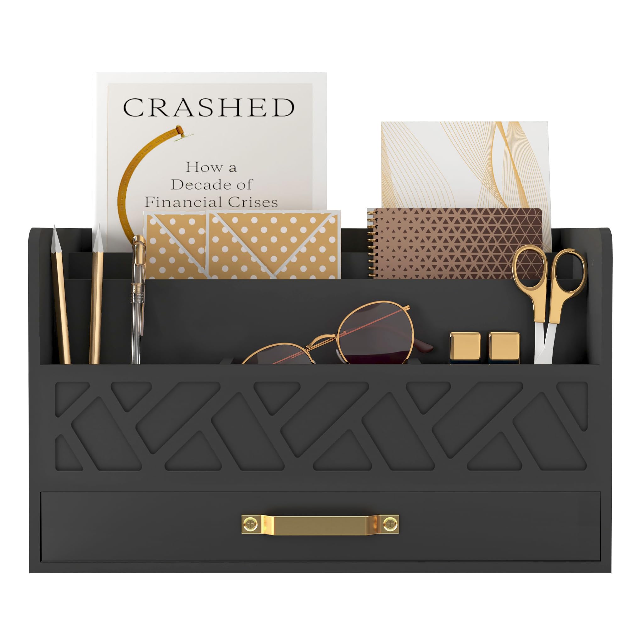 Bamboo Desk Organizer Mail Holder Countertop Wood Desk Drawer Tabletop Storage Organization Box Pen Holder Letter Sorter Makeup Organizer for School Home Office Supplies (Black)