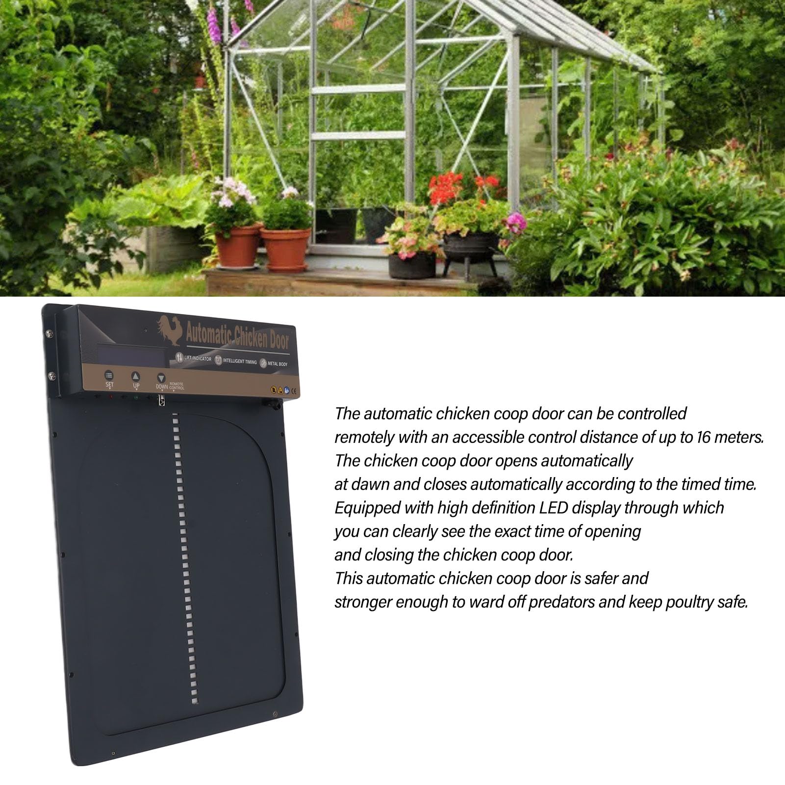 Porta Automatica per polli ad energia Solare, apriporta per pollaio, sensore di Luce 3 in 1, Schermo LED per Fattoria (Grigio)