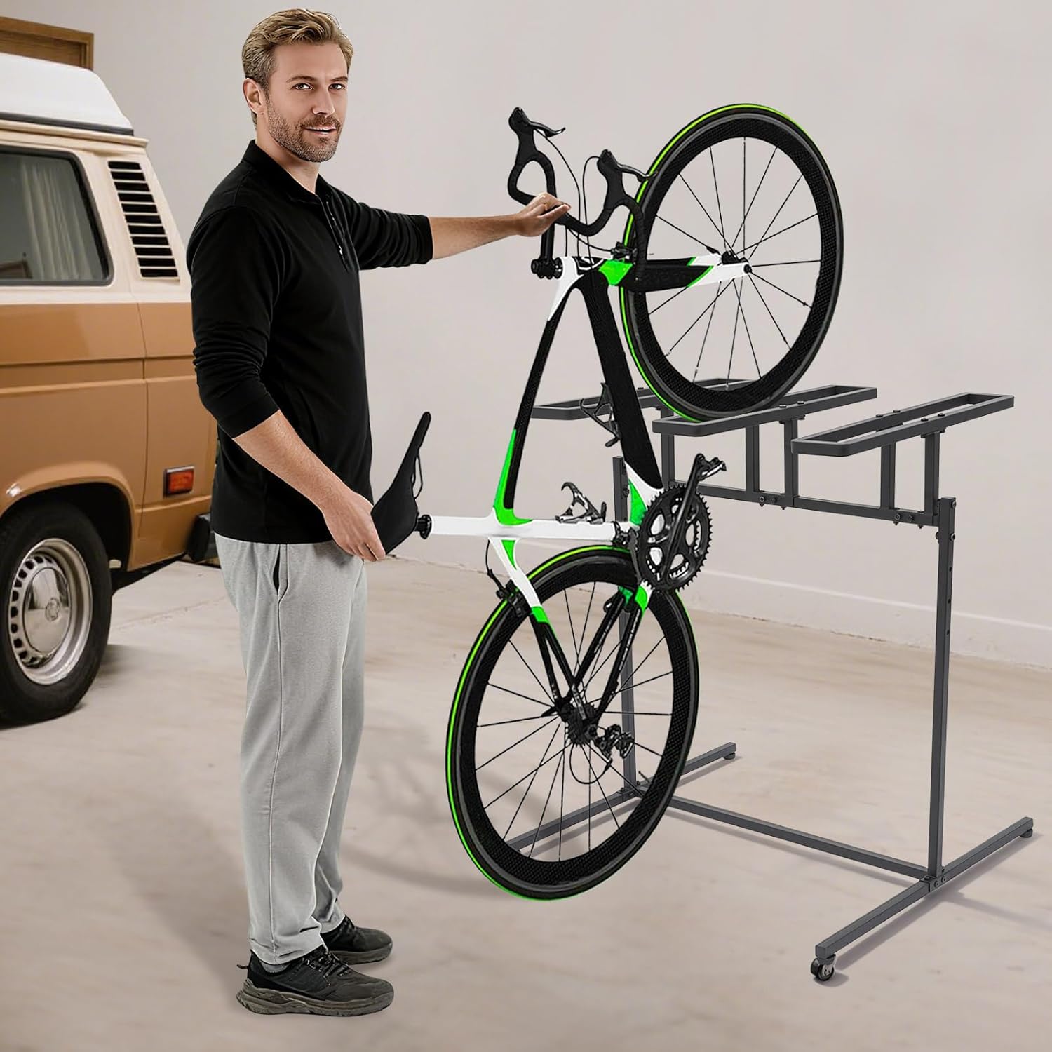 3 Bikes Floor Stand, Adjustable Bicycle Parking Rack with Hook for Garage, Indoor, Outdoor, Metal Cycle Storage Organizer Rack for Mountain, Road and Kids Bikes, Max Tire Width 2.4”, Black