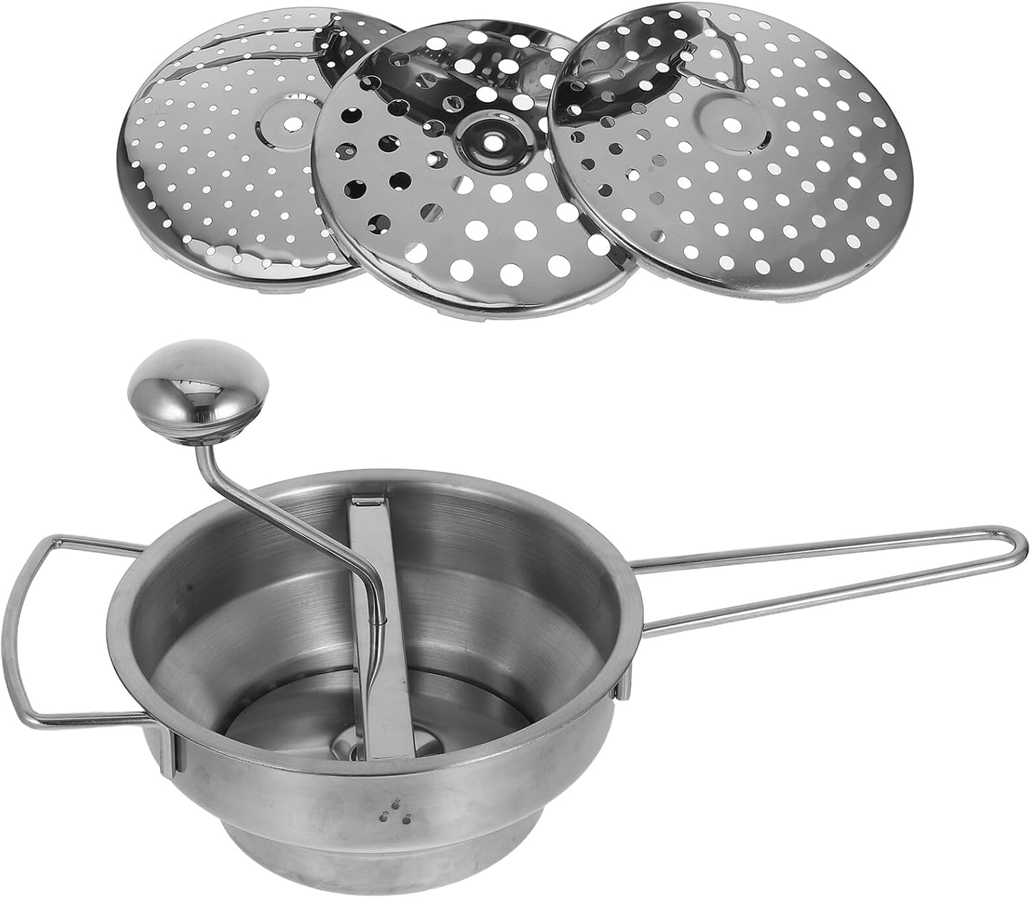 Uonlytech Stainless Steel Potato Masher Manual Mashing Potato Ricer with 3 Interchangeable Discs 2mm 3mm 7mm Large Handheld Kitchen Tool and Vegetable Purees