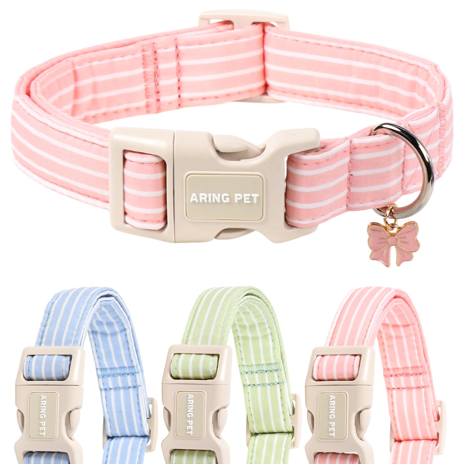 ARING PET Stripe Dog Collar, Cute Spring Summer Red Stroke Dog Collaret with Bow Pendant for Puppies, Small, Medium and Large Female, Girl Dogs - M — image 1