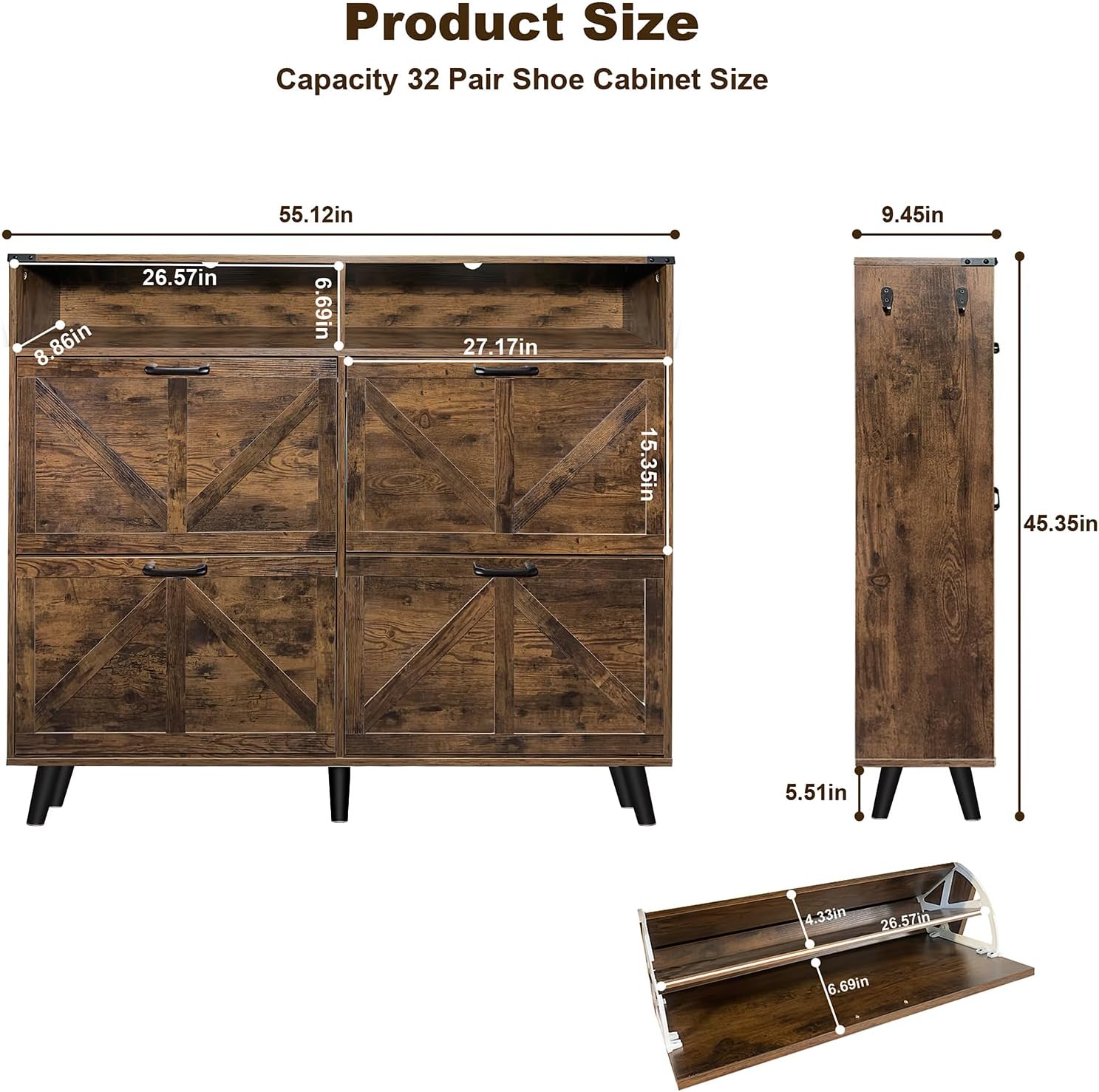 IDEALHOUSE 2 Flip Drawers Shoe Cabinet with Bench, Freestanding Shoe Organizer with Double Layer Metal Legs