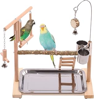Bird Playground Birdcage Playstand Parrot Play Gym Parakeet Cage Decor Budgie Perch Stand with Feeder Seed Cups Ladder Hanging Swing Chew Toys Conure Macaw Cockatiel Finch (Prickly ash Wood)