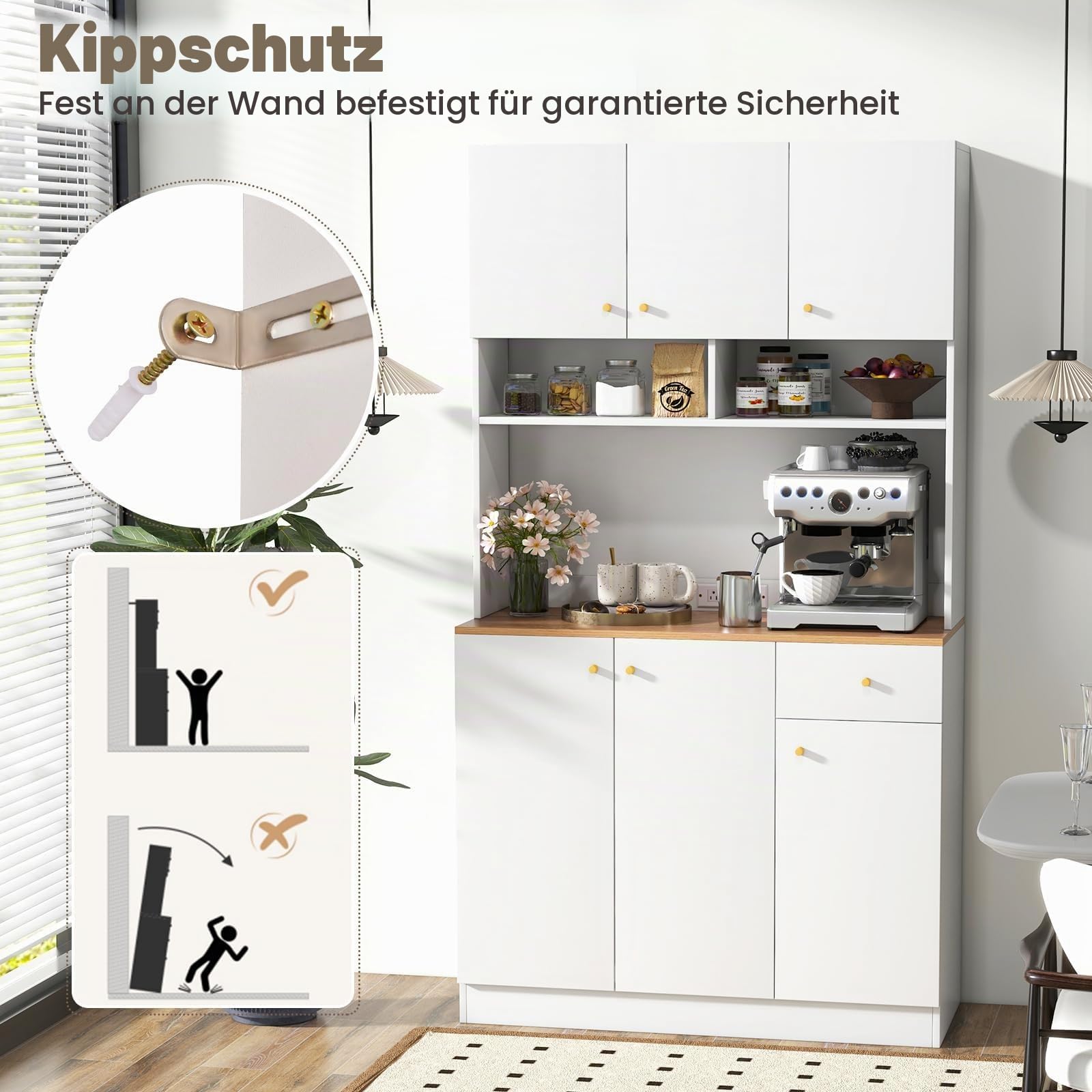 KOMFOTTEU Hoher Küchenschrank mit Ladestation, Mehrzweckschrank mit Schublade & Türen, Buffetschrank mit verstellbaren Regalen, Aufbewahrungsschrank 100x40x181 cm für Esszimmer Küche, Weiß