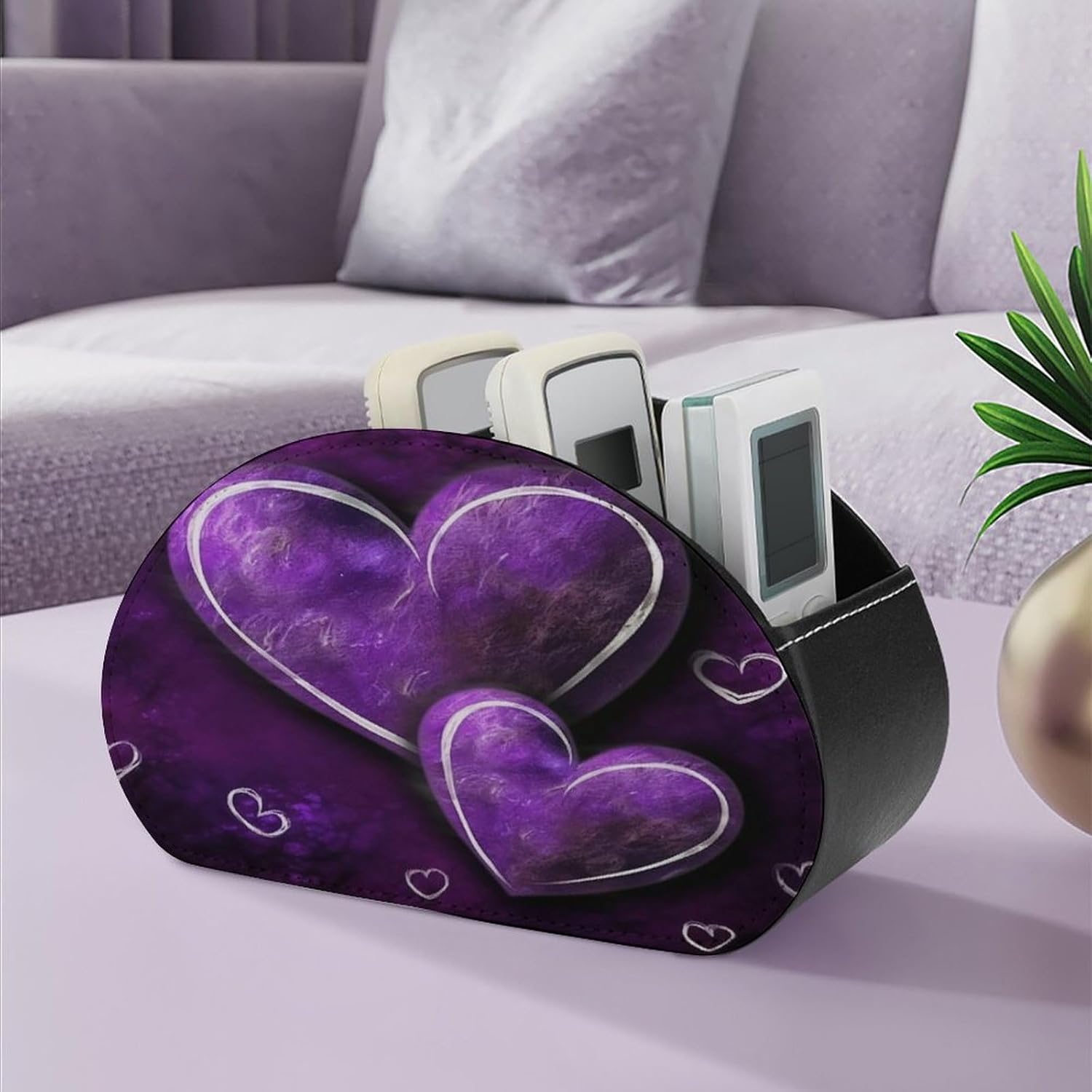Pu Leather Remote Caddy Box Tray Remote Control Holder with 5 Compartments Purple Hearts Printed Bedside Table Desk Storage Organizer for Controllers And Cosmetics Office Supplies