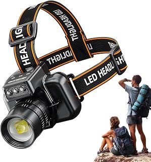 Linterna frontal, linterna frontal brillante, recargable, impermeable, ligera, para pesca nocturna, camping, senderismo, 6-12 horas, aleación de aluminio, ABS, color negro
