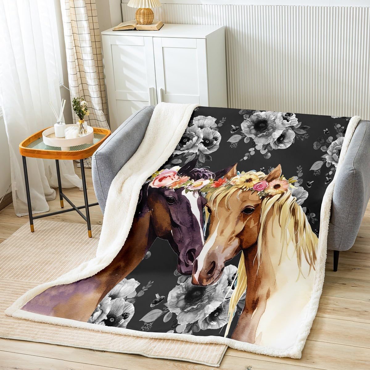Castle Fairy Horse Print Fleece Blanket,Watercolor Vintage Flowers Plush Blanket for Kids Teens,Lovely Room Decor,Wildlife Animal Flannel Blanket,Twin 60"x80"