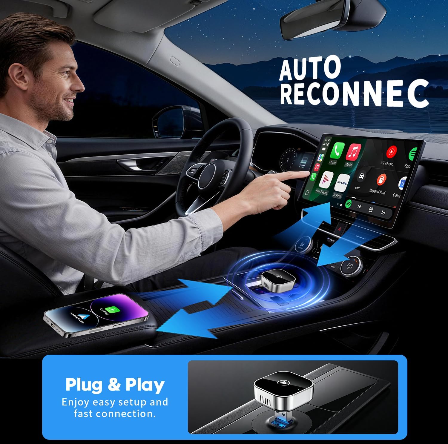 2 in 1 Wireless CarPlay and Android Auto Adapter,Convert Wired to Wireless Apple CarPlay Adapter,Easy Setup Plug and Play,Fast, Reliable & Super Easy to Use,Compact＆Sleek Design Supports 1000+ Car
