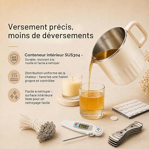 ADOGO Fondoir à Cire Électrique 1L 600W, Kit Fabrication de Bougies avec Thermomètre et 100 Mèches, Contrôle Précis de la Température, Pot à Cire pour Bougies DIY - 3