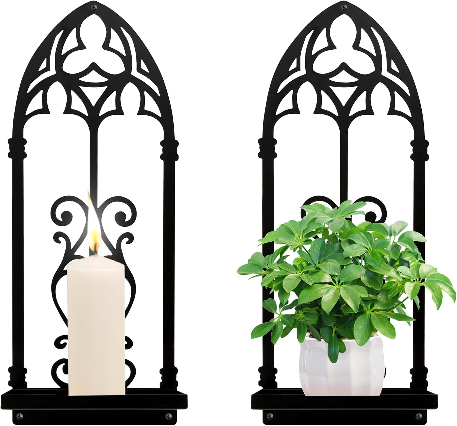 Gothic Wall Sconces Set Of Two Candle Holder, Black Metal Gothic Wall Decor, Arched Church Wall Sconces, Rustic Farmhouse Home Wall Art Decor For Living Room, Bathroom, Bedroom, Dining Room(Victorian)