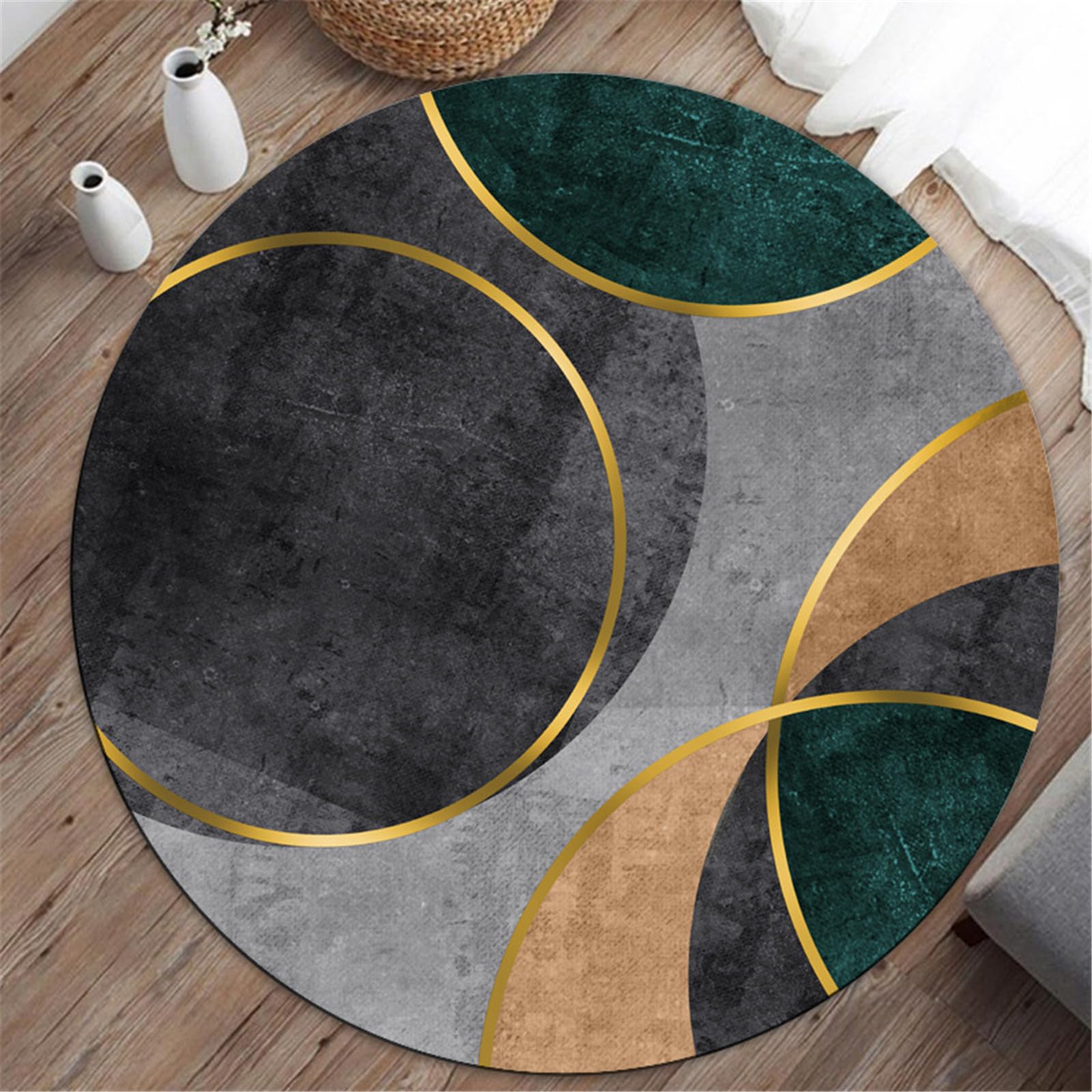 Highdi Alfombras Redondas Tapete Redondo Antideslizante, Colorido Alfombra de Área Redonda Grande para Salón, Sofá, Mesa de Café, Estudio, Comedor, Dormitorio, Oficina (120cm,Esmeralda Negra)