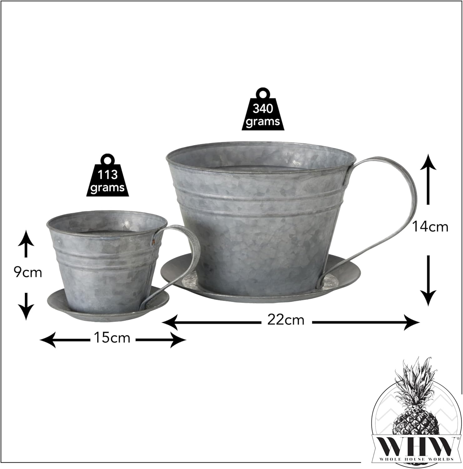 WHW Whole House Worlds Rustic Tea Cup Planters, Set of 2, Shabby Grey, Zinc, Attached Handles and Saucers, 8.75 Diameter, Overall 11 Inches Wide Including Handles