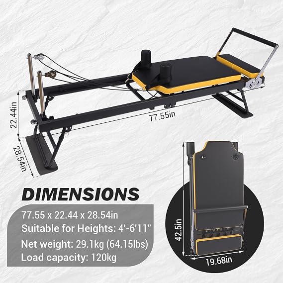 Pro Pilates Reformer,Foldable Pilates Machine for Home Gym Workout,Home Pilates Equipment with Dual Resistance- Springs and Cords,Pilates Machine for Advanced,Beginners(Black & Yellow