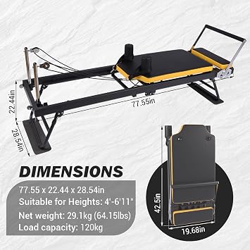 Pro Pilates Reformer,Foldable Pilates Machine for Home Gym Workout,Home Pilates Equipment with Dual Resistance- Springs and Cords,Pilates Machine for Advanced,Beginners(Black & Yellow