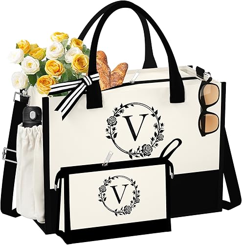Bolsa de lona con inicial para la playa con bolsa de maquillaje, regalos personalizados para mujeres, madres, amigas, profesores, damas de honor,