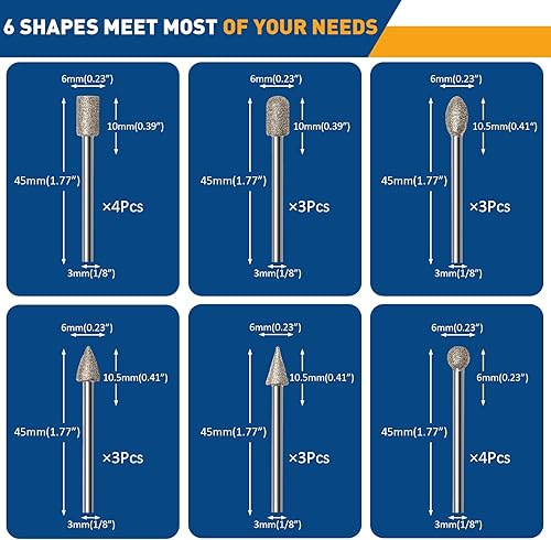 Miniatura 6 de 20Pcs 120 Grit Diamond Grinding Bits Compatible with Dremel Rotary Tool with 1/8" Shank Diamond Drill Bits for Stone Glass Carving Engraving DIY