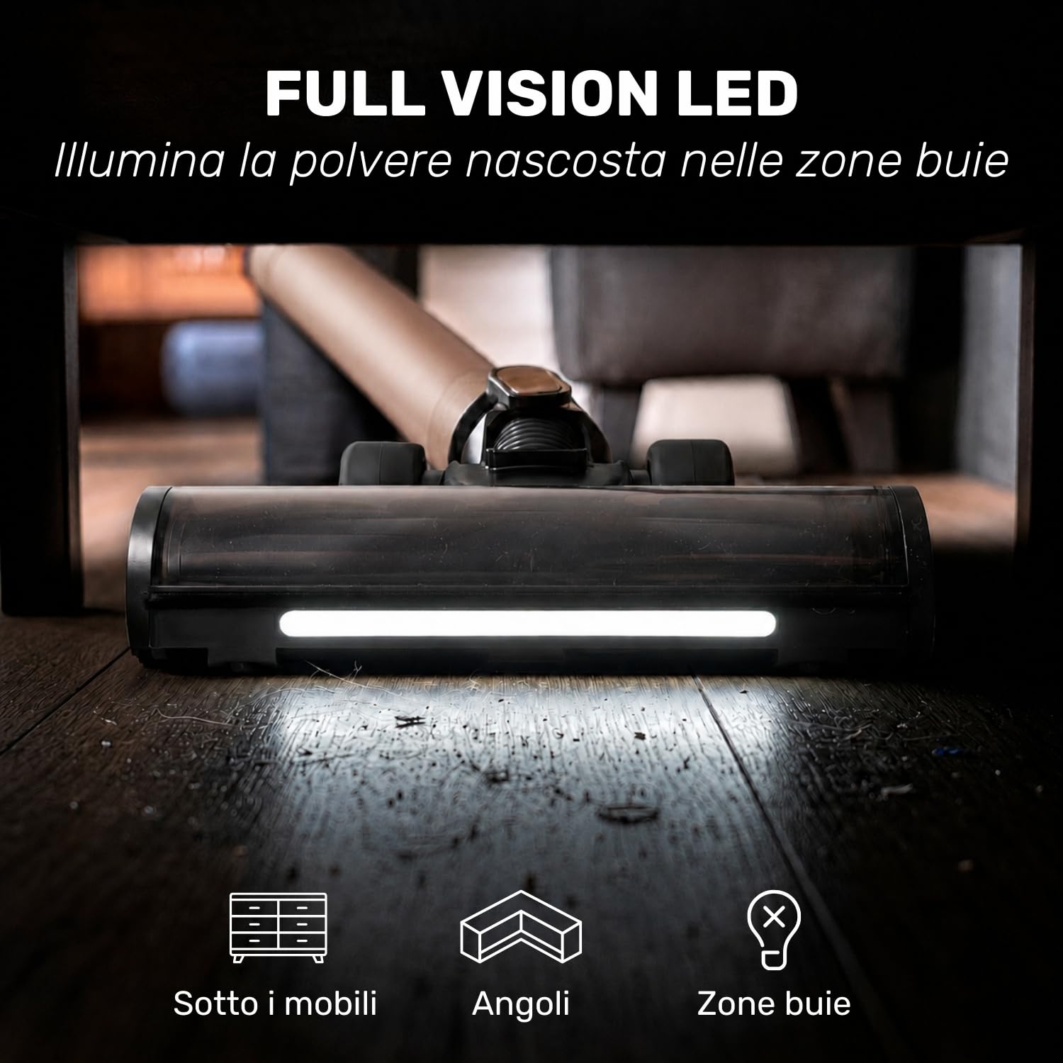 Taurus - scopa elettrica senza fili 220AW, 90 min autonomía, HairFree anti grovigli, Luci LED Full Vision, Serbatoio 700 ml