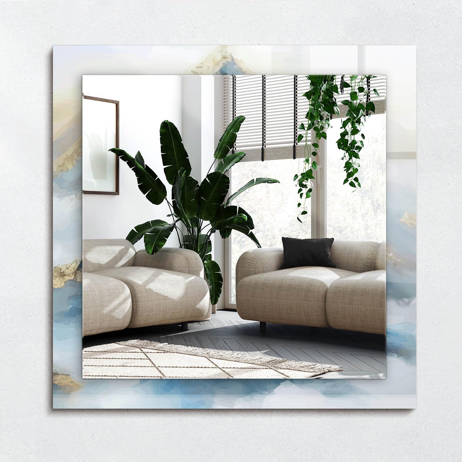 Miroir sans cadre 60x60 cm pour salon et chambre paysage montagne
