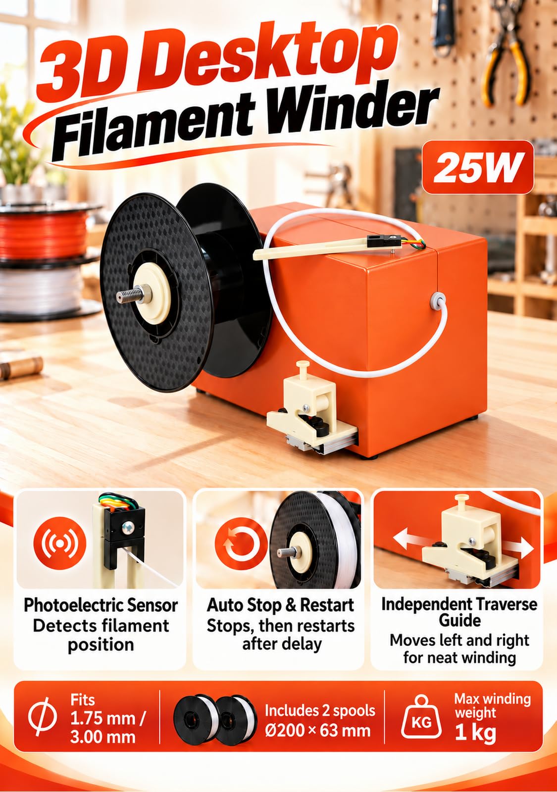 Extrudeuse Filament pour Imprimante 3D & Bobineuse, 300–650mm/min Winder