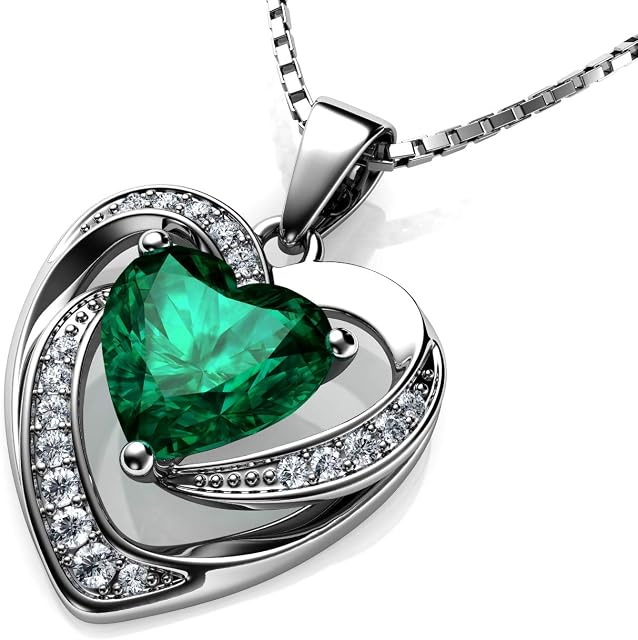 DEPHINI - Green Heart Necklace - 925 Sterling Silver - Peridot Birthstone Embellished with Branded Crystal Pendant - Fine Jewellery Woman Necklace 18" Rhodium Plated Silver Chain - Cubic Zirconia