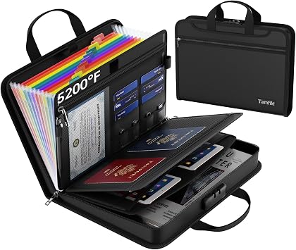 Tamfile Fireproof Important File Organiser with Lock, 13 Pockets Colorful | Waterproof, Expanding File Folder with Zipper, A4 Document Storage with Handles, Portable, for Office Home School, Black