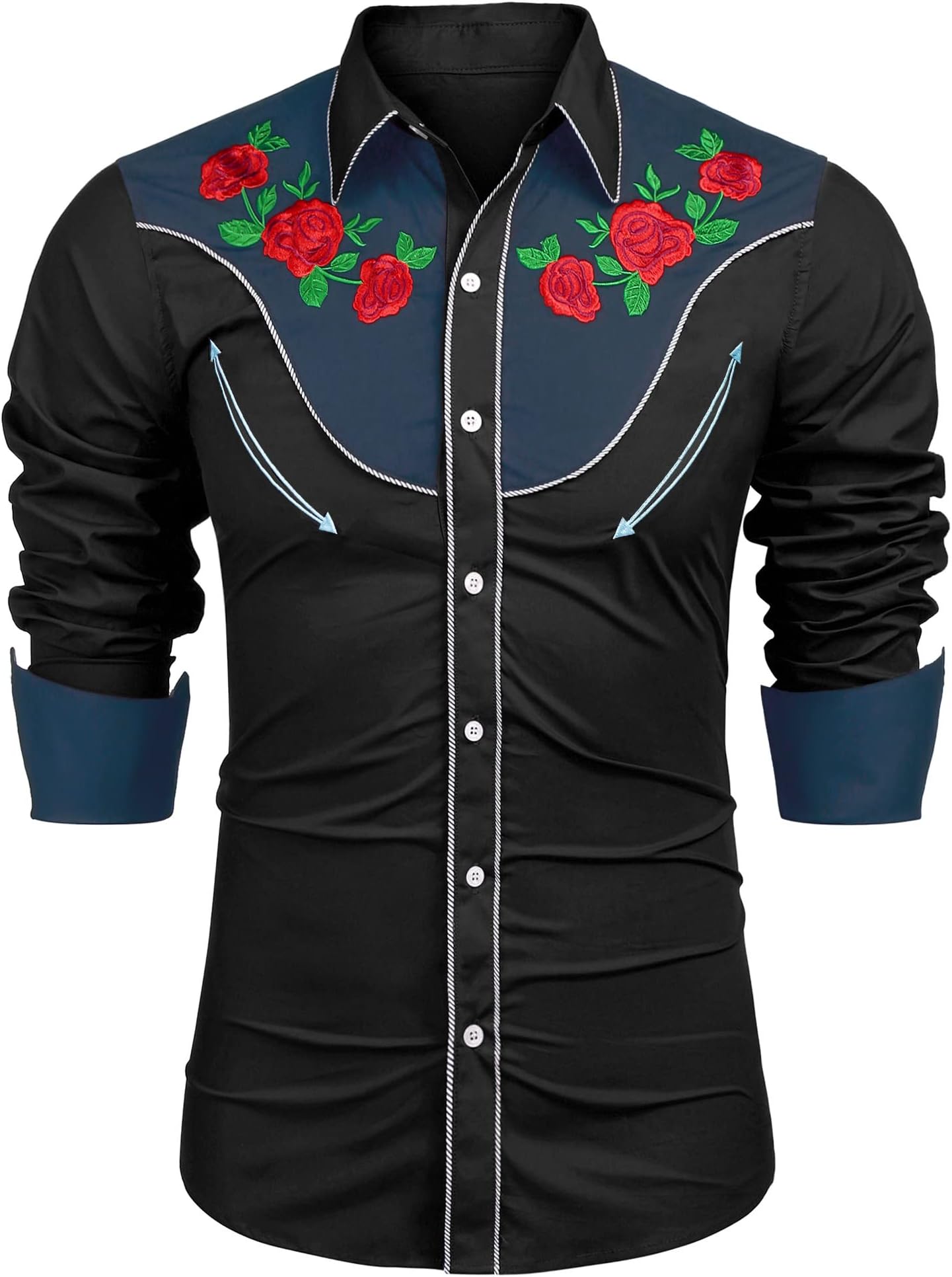 COOFANDYMen's Cowboy Shirtss Embroidered Rose Design Shirts Western Long Sleeve Button Down Shirts
