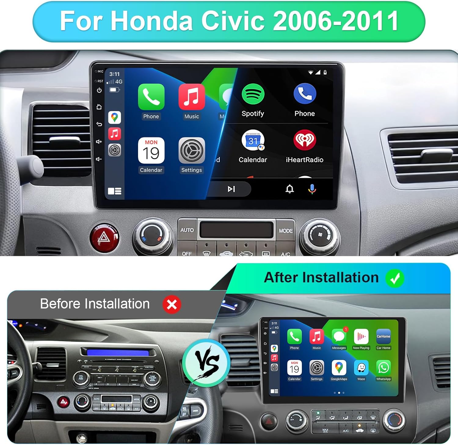 Car Stereo Radio for Honda Civic 2006 2007 2008 2009 2010 2011 with Wireless Carplay & Android Auto,10.1 Inch 1080P Touch Screen for Civic Radio with Bluetooth GPS Navi Mirror Link SWC