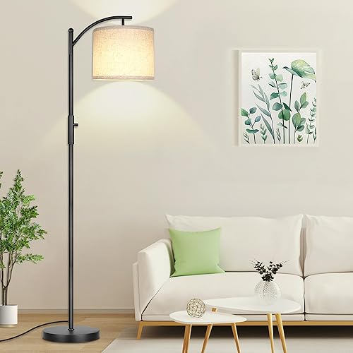 ROTTOGOON Dimmable Floor Lamp, Arc Floor Lamps for Living Room, Stepless Dimming Modern Standing Lamp with Linen Shade, Tall Lamp for Bedroom Office Dining Room- Black