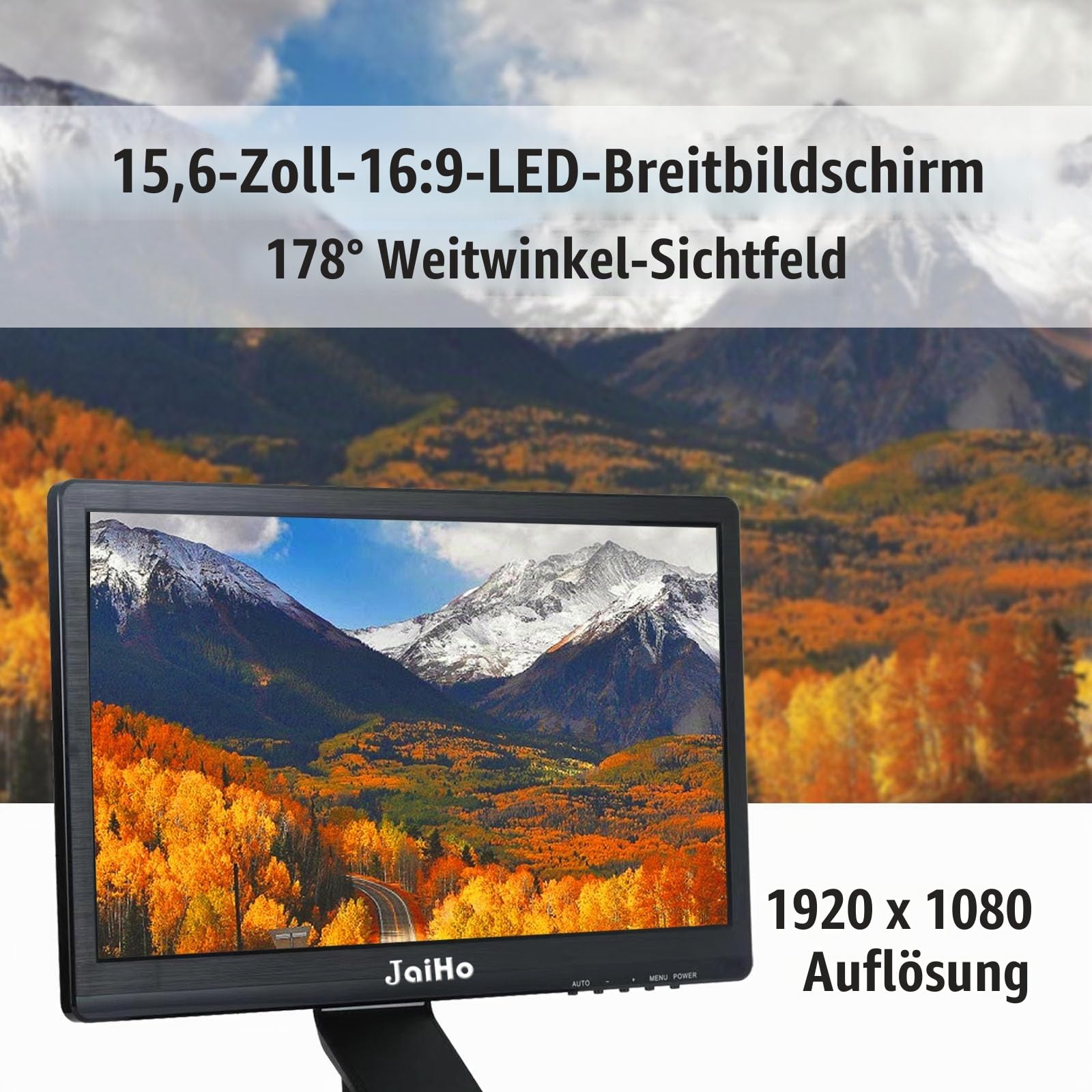 JaiHo 15.6 Zoll Monitor 16:9, CCTV Überwachungsmonitor Metallgehäuse, 1080P Full HD LCD Bildschirm mit BNC HDMI VGA AV USB, Industrie PC Display für Kasse Server, Inklusive Wandhalterung