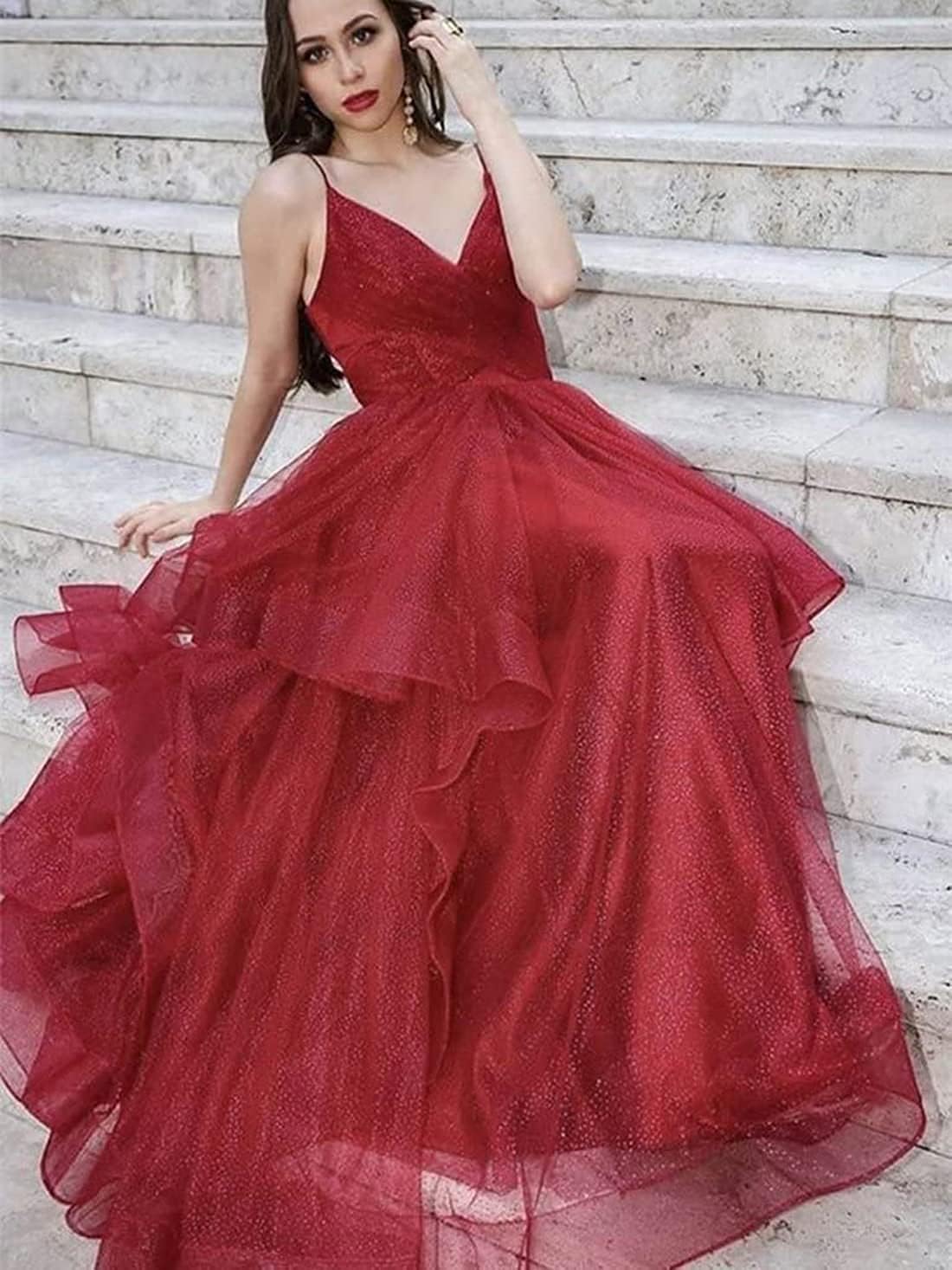 Glitter Tulle Ruffled Prom Dress Long Ball Gown for Women Formal Spaghetti Straps Formal Evening Party Gowns