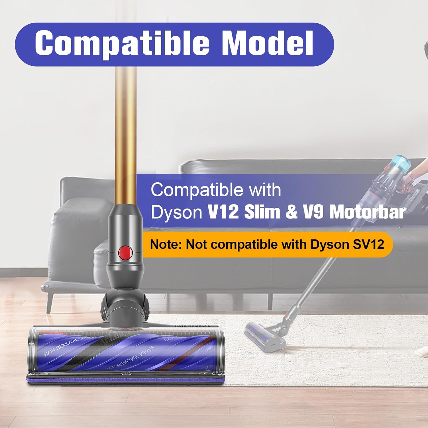 Upgraded V12 V9 Anti-Tangle Motorbar Replacement Brush Head Compatible with Dyson V9 Motorbar / V12 Detect Slim Cordless Vacuum Cleaners, Lightweight Hardwood & Carpet Floor Attachment