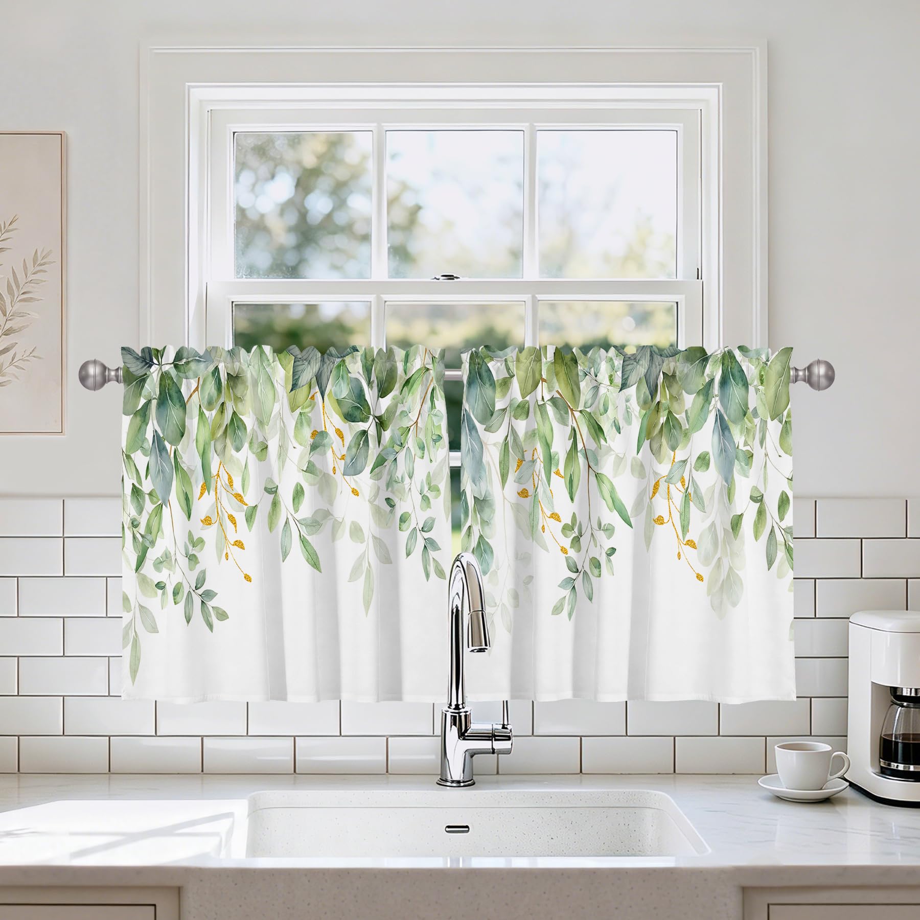 Spring Wildflower Green Leaves Valances for Windows, Rod Pocket 26x36 in