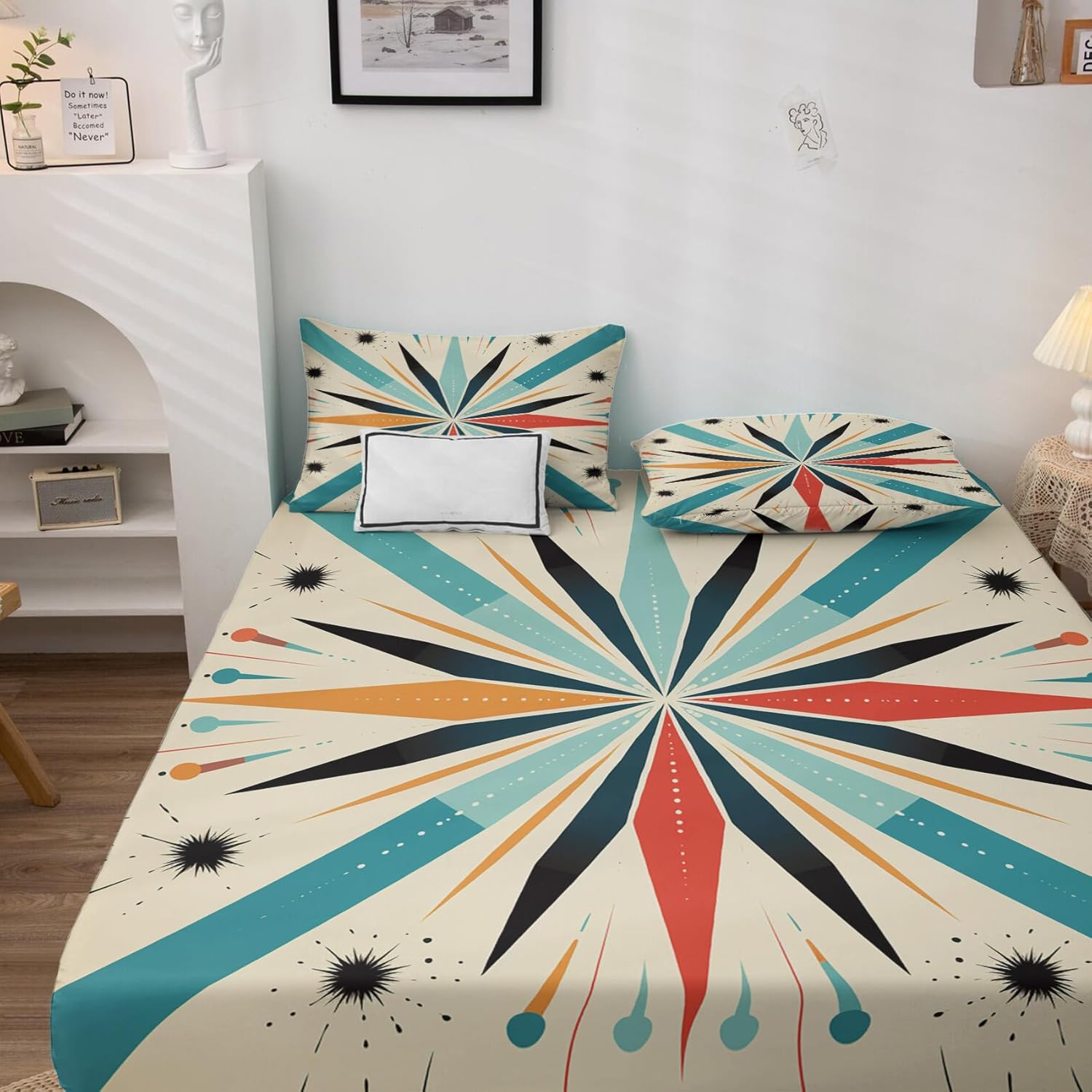 Starburst Bed Sheets Queen Size, Mid Century Modern Sheet Set, Soft Microfiber Deep Pocket Wrinkle Free Fitted Sheet & Flat Sheet & Pillowcase Sets, Retro Abstract Bedding Sheets - 4 Piece