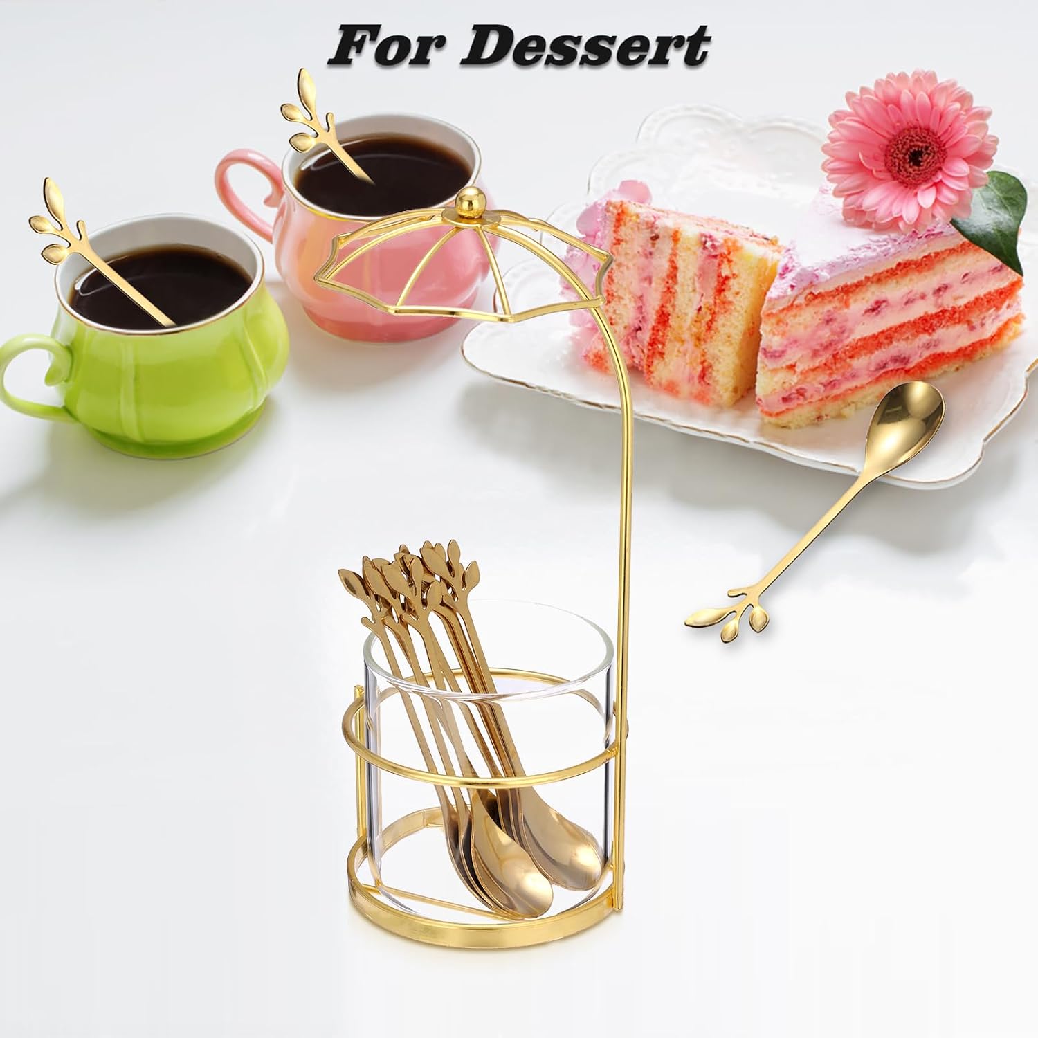 ELLDOO Coffee Spoon Set, Clear Glass Holder with 8 Stainless Steel Gold Leaf Coffee Spoons, Creative Flatware Set for Stirring, Mixing, Sugar, Ice Cream, Cake (8 x Spoons, Umbrella Shaped)
