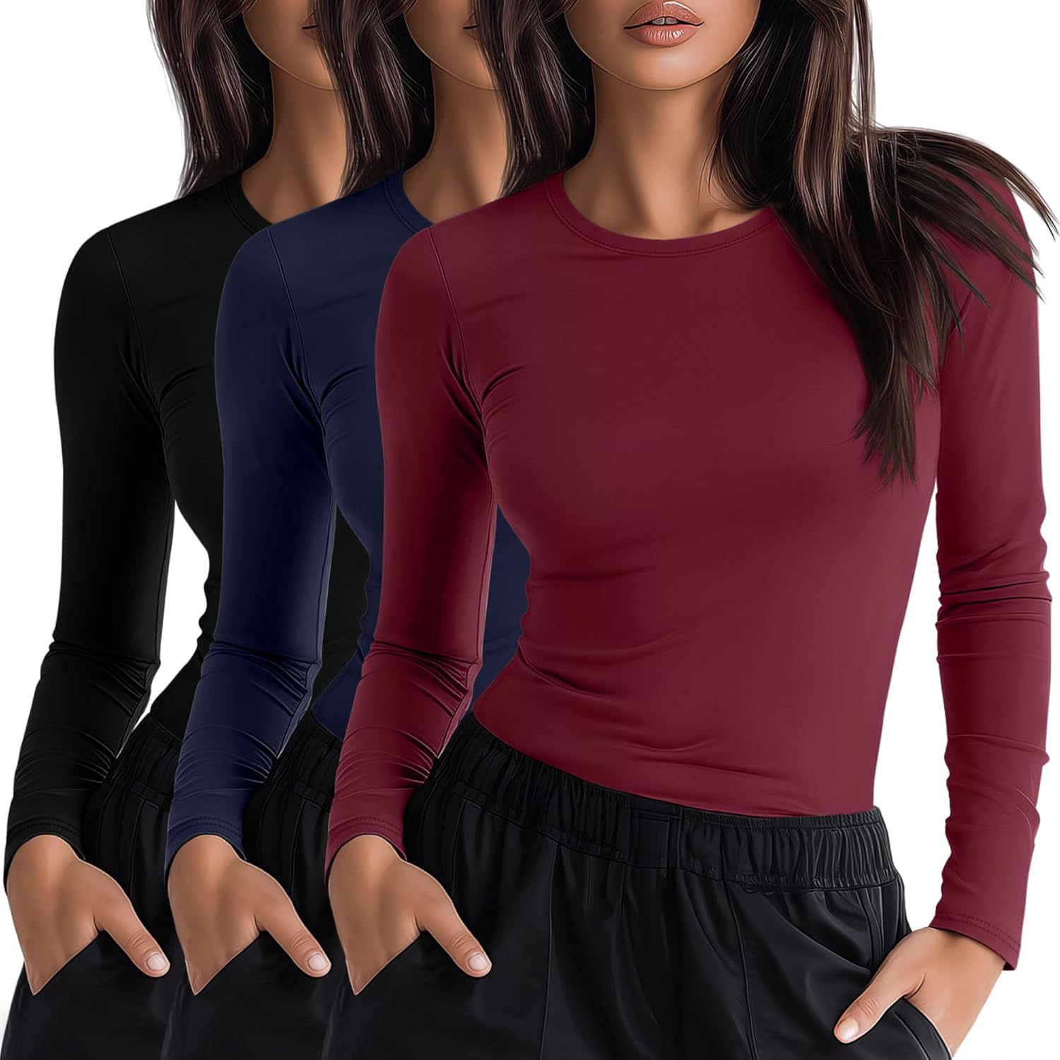 Neer 3 Pack Womens Underscrub Shirts Long Sleeve Crewneck Tops Fitted Layering Clothes Comfort Knit Tops for Nurse
