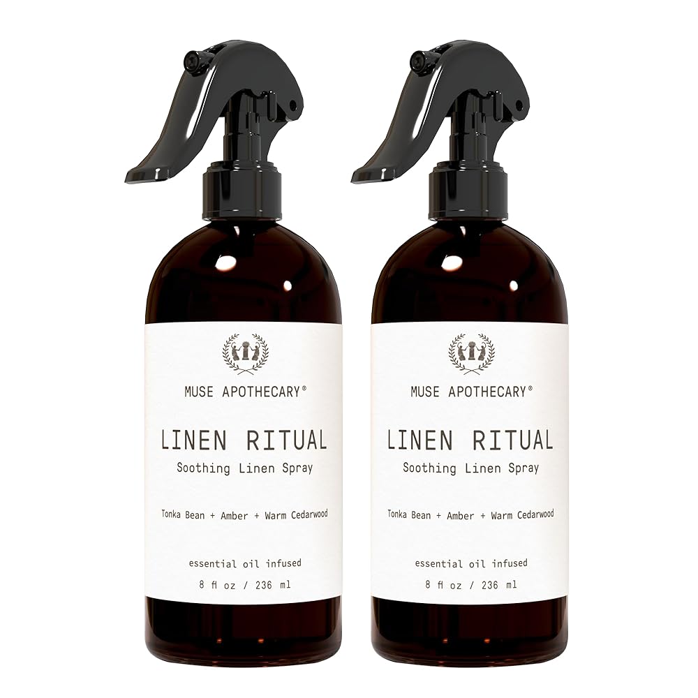 Muse Apothecary Linen Ritual - Aromatic, Soothing, and Relaxing Linen Mist, Laundry and Fabric Spray - Infused with Aromatherapy Essential Oils - 8 oz, Tonka Bean + Amber + Warm Cedarwood, 2 Pack