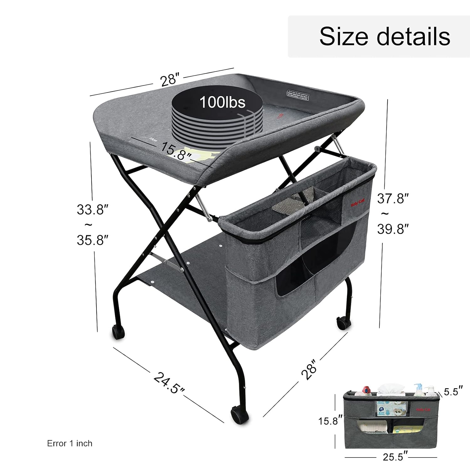 Holy Cat Baby Portable Changing Table with Wheels Adjustable Height Folding Infant Diaper Station Mobile Nursery Stand with Newborn Lightweight Large Storage Rack - Grey : Baby